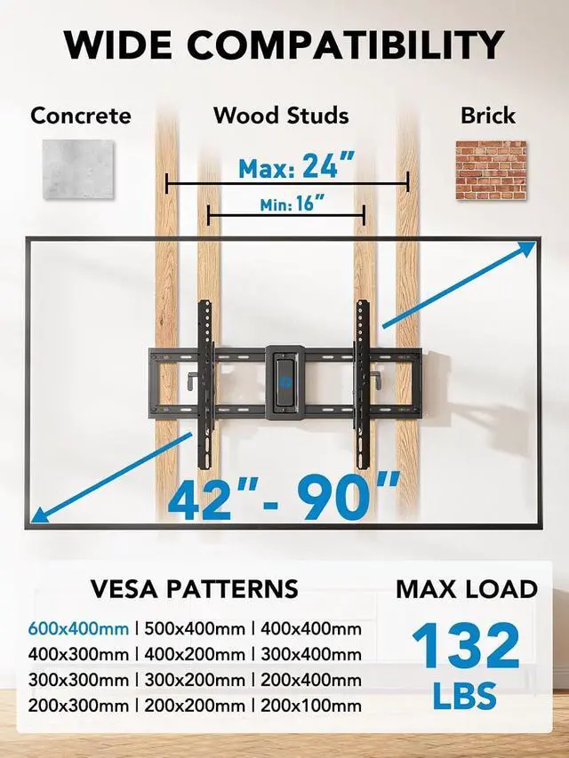 Alt view image 2 of 7 - Pipishell UL Listed TV Wall Mount for 4290 inch TVs, Advanced Tilt TV Mount Bracket with 15° Full Tilt, 6-inch Arm Extension, Slide to Center, 16/18/24 Wood Studs, Max VESA 600x400mm up to 132 lbs