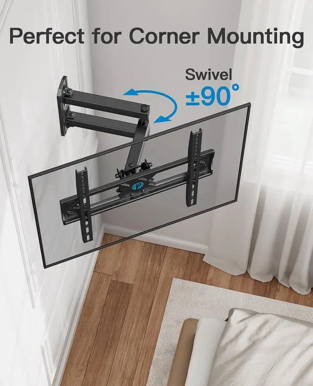 Alt view image 4 of 7 - Pipishell Full Motion TV Wall Mount for 26-65 Inch Flat Curved TVs, Heavy Duty Single Articulating Arms, Corner TV Mount Up to VESA 400x400mm and 77lbs, Support Swivel, Tilt, Level Adjustment