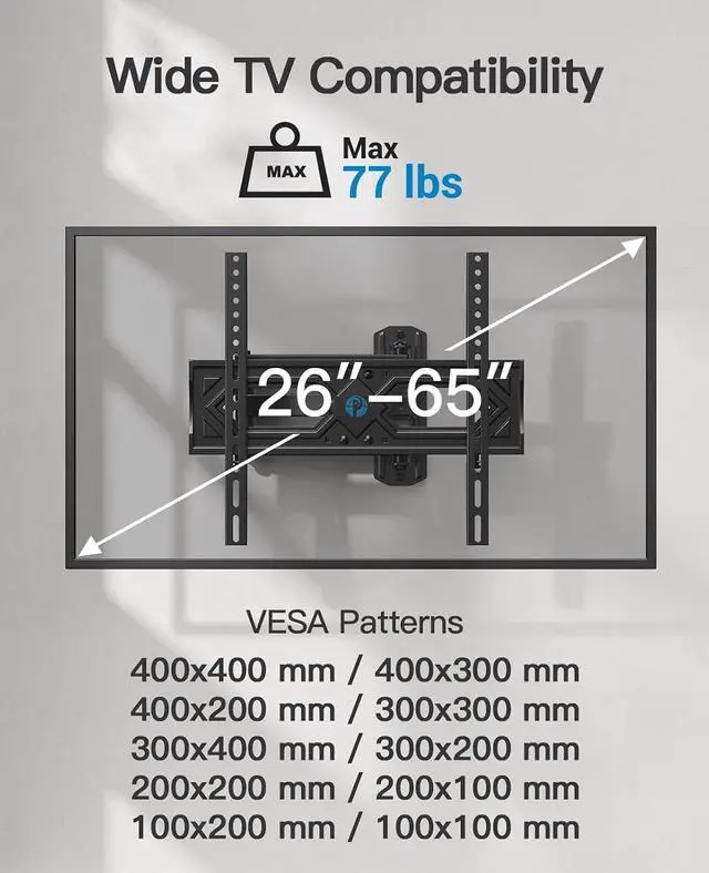 Alt view image 2 of 7 - Pipishell Full Motion TV Wall Mount for 26-65 Inch Flat Curved TVs, Heavy Duty Single Articulating Arms, Corner TV Mount Up to VESA 400x400mm and 77lbs, Support Swivel, Tilt, Level Adjustment