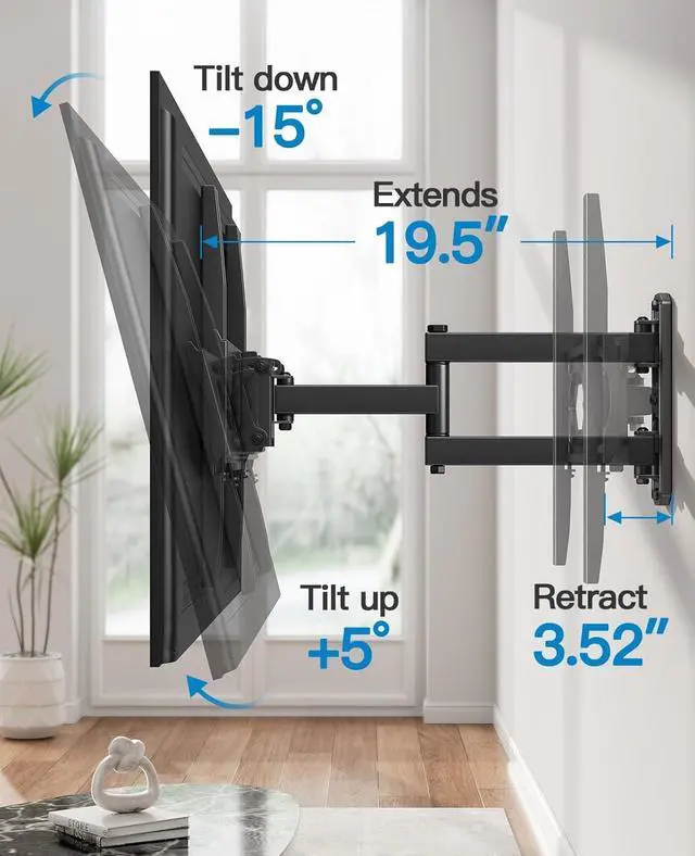Alt view image 5 of 7 - Pipishell Full Motion TV Wall Mount for 26-65 Inch Flat Curved TVs, Heavy Duty Single Articulating Arms, Corner TV Mount Up to VESA 400x400mm and 77lbs, Support Swivel, Tilt, Level Adjustment