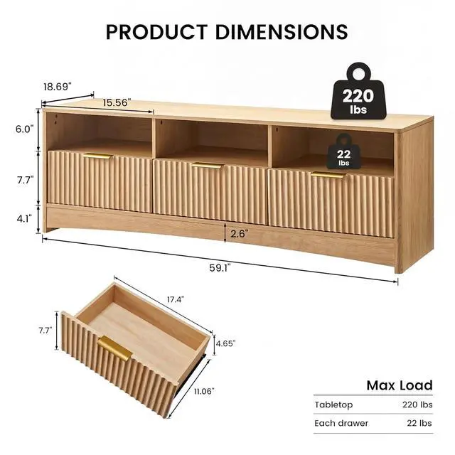 Alt view image 2 of 7 - AMADA HOMEFURNISHING TV Stand for TVs Up to 65, Mid-Century Modern Entertainment Center with Storage Drawers and Open Shelf, TV Console for Living Room or Bedroom, Natural Oak