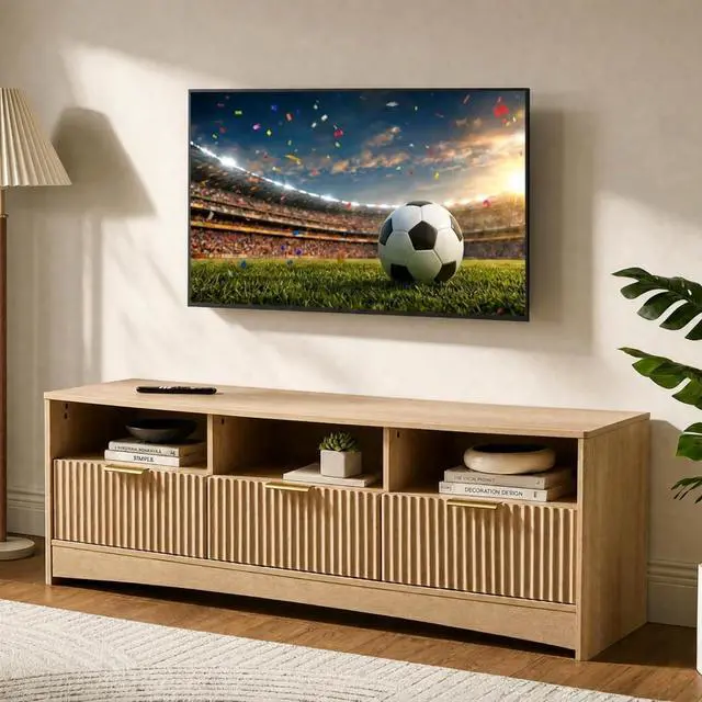 Main image of AMADA HOMEFURNISHING TV Stand for TVs Up to 65, Mid-Century Modern Entertainment Center with Storage Drawers and Open Shelf, TV Console for Living Room or Bedroom, Natural Oak