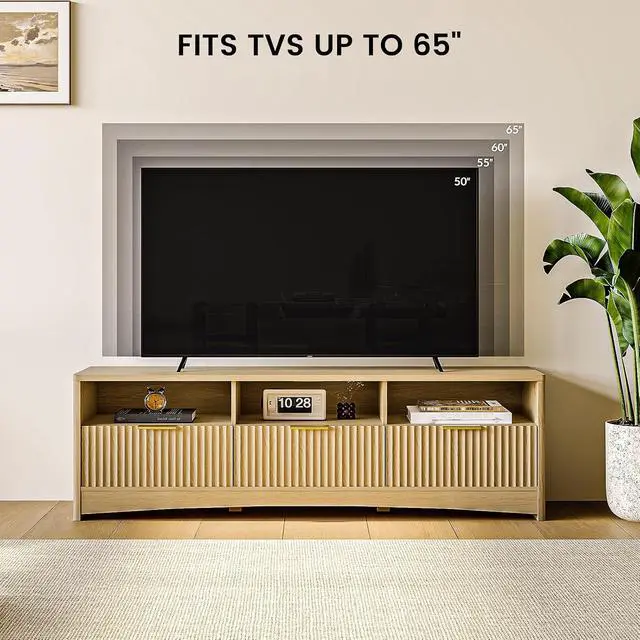 Alt view image 3 of 7 - AMADA HOMEFURNISHING TV Stand for TVs Up to 65, Mid-Century Modern Entertainment Center with Storage Drawers and Open Shelf, TV Console for Living Room or Bedroom, Natural Oak