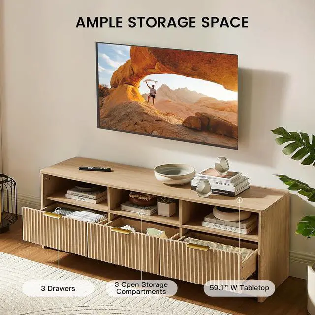 Alt view image 4 of 7 - AMADA HOMEFURNISHING TV Stand for TVs Up to 65, Mid-Century Modern Entertainment Center with Storage Drawers and Open Shelf, TV Console for Living Room or Bedroom, Natural Oak