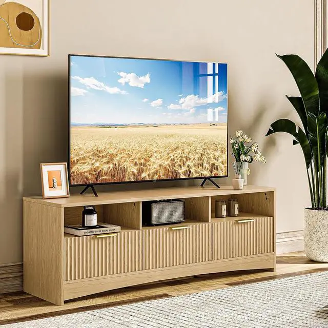 Alt view image 7 of 7 - AMADA HOMEFURNISHING TV Stand for TVs Up to 65, Mid-Century Modern Entertainment Center with Storage Drawers and Open Shelf, TV Console for Living Room or Bedroom, Natural Oak