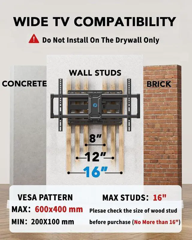 Alt view image 2 of 7 - Pipishell Full Motion TV Wall Mount for 42-85 inch Flat Screen LED TV up to 132lbsPipishell Universal Wall Mount Extension Bracket
