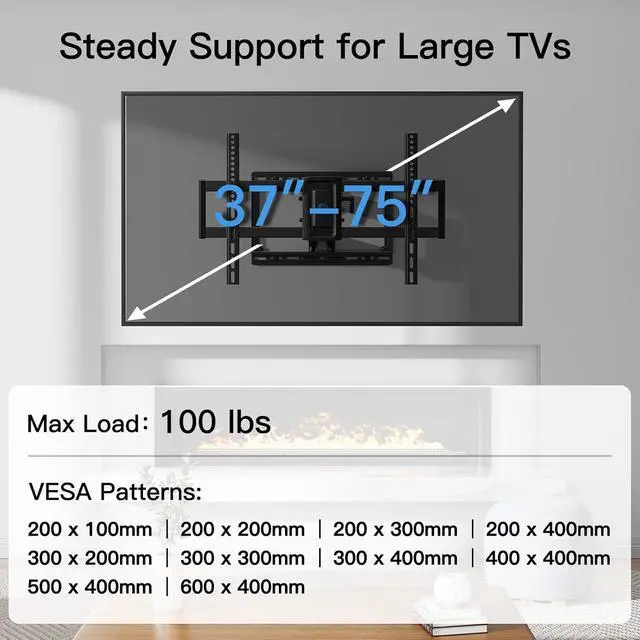 Alt view image 3 of 7 - Pipishell Full Motion TV Wall Mount for 37-75 inch Flat/Curved TVs up to 100lbs, Universal TV Wall Mount Extension Bracket