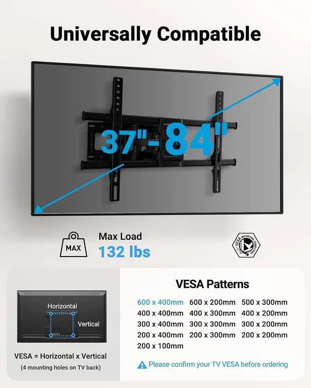Alt view image 2 of 7 - Pipishell Full Motion TV Wall Mount for Most 37-84 Inch TVs up to 132lbs, Wall Mount TV Bracket Articulating Swivel Tilt Extension Leveling Max VESA 600x400mm Fits 12/16" Wood Stud, PILFK1