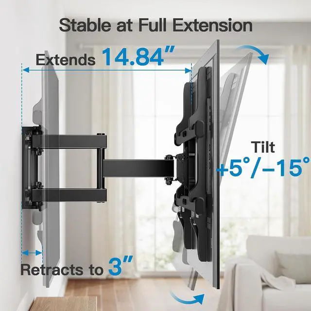 Alt view image 5 of 7 - Pipishell Full Motion TV Wall Mount for Most 37-84 Inch TVs up to 132lbs, Wall Mount TV Bracket Articulating Swivel Tilt Extension Leveling Max VESA 600x400mm Fits 12/16" Wood Stud, PILFK1