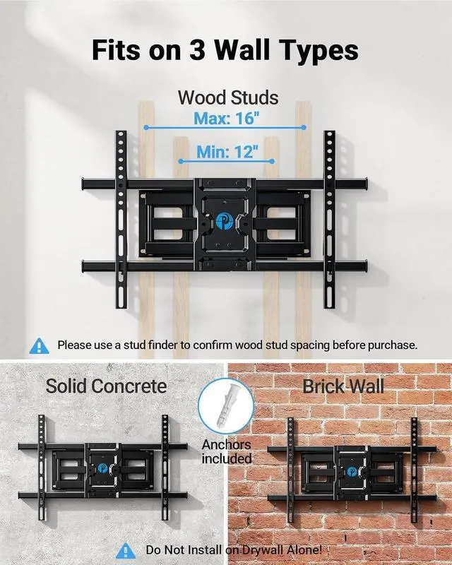 Alt view image 3 of 7 - Pipishell Full Motion TV Wall Mount for Most 37-84 Inch TVs up to 132lbs, Wall Mount TV Bracket Articulating Swivel Tilt Extension Leveling Max VESA 600x400mm Fits 12/16" Wood Stud, PILFK1