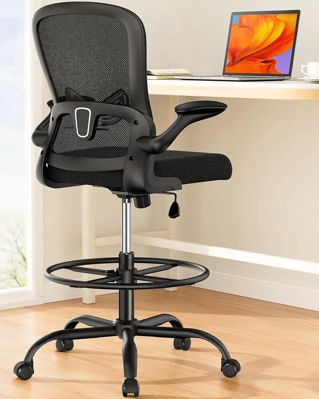 Main image of ErGear Drafting Chair, Standing Desk Chair with Flip-Up Armrests, High Desk Chair Adjustable Height, Ergonomic Tall Office Chair with Lumbar Support and Adjustable Footrest Ring