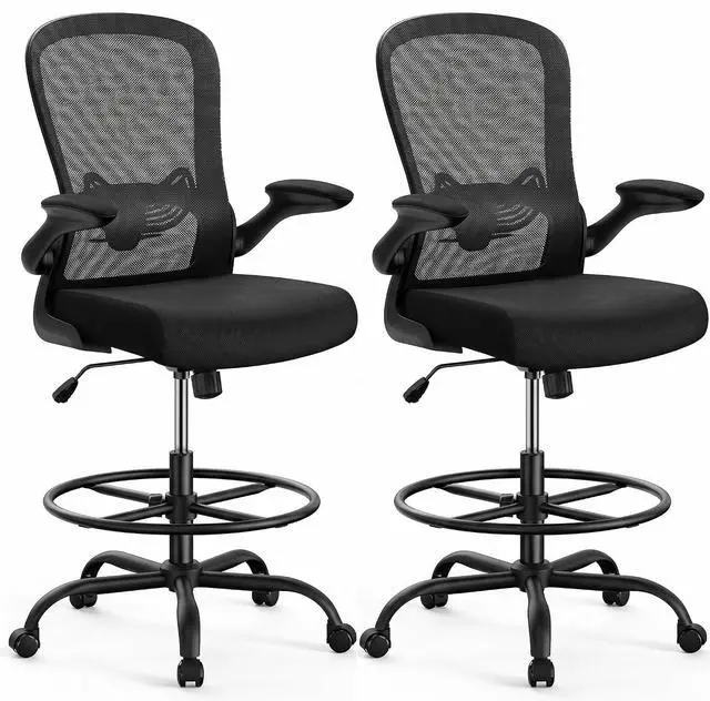 Main image of ErGear Drafting Chair, Standing Desk Chair with Flip-Up Armrests, High Desk Chair Adjustable Height, Ergonomic Tall Office Chair with Lumbar Support and Adjustable Footrest Ring,2 Pack
