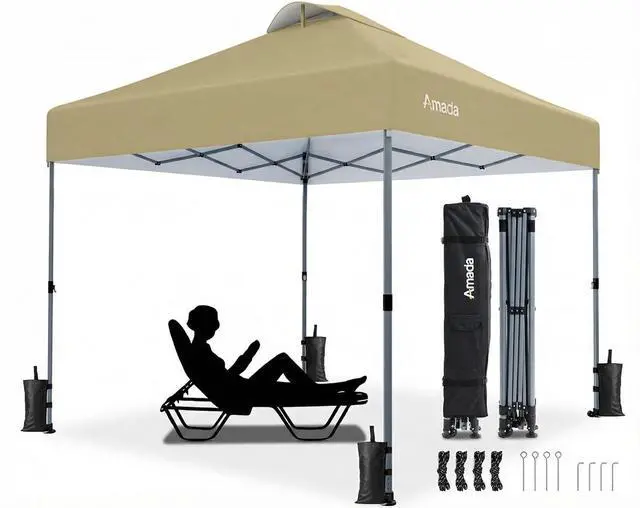 Main image of Amada 10x10 Pop Up Canopy Tent, 1-Button Push Easy-up Outdoor Canopy Beach Tent with 3-Height Adjustable Waterproof Shade Shelter, Wheeled STO-N-Go Bag 8 Stakes, 4 SandBags (10x10ft Khaki)