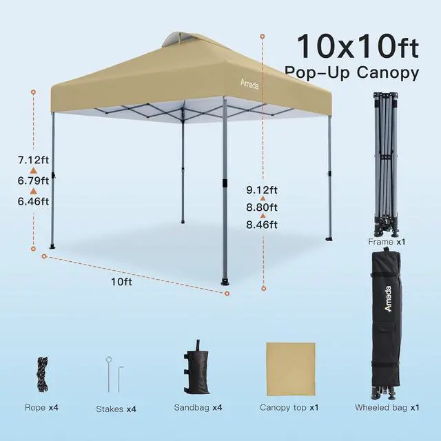 Alt view image 6 of 7 - Amada 10x10 Pop Up Canopy Tent, 1-Button Push Easy-up Outdoor Canopy Beach Tent with 3-Height Adjustable Waterproof Shade Shelter, Wheeled STO-N-Go Bag 8 Stakes, 4 SandBags (10x10ft Khaki)