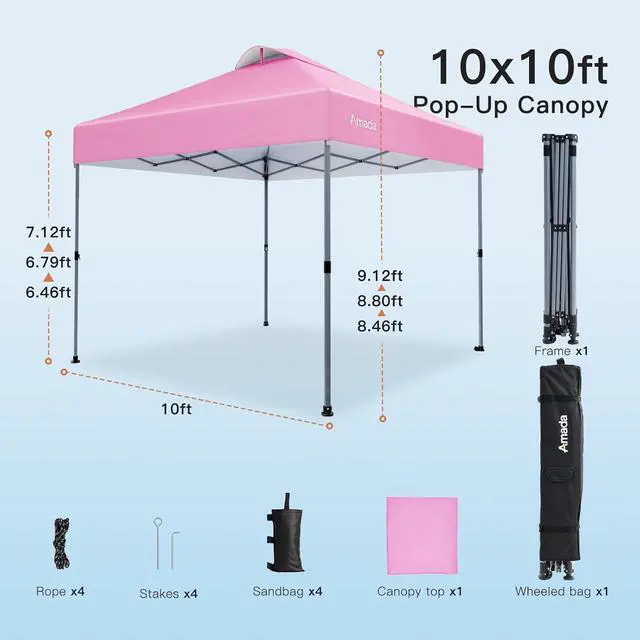 Alt view image 6 of 7 - Amada 10x10 Pop Up Canopy Tent, 1-Button Push Easy-up Outdoor Canopy Beach Tent with 3-Height Adjustable Waterproof Shade Shelter, Wheeled STO-N-Go Bag 8 Stakes, 4 SandBags (Pink)