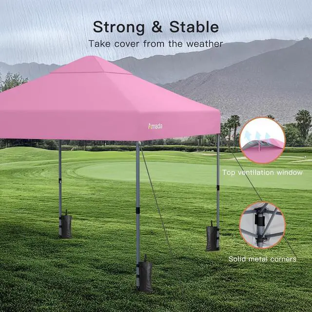 Alt view image 5 of 7 - Amada 10x10 Pop Up Canopy Tent, 1-Button Push Easy-up Outdoor Canopy Beach Tent with 3-Height Adjustable Waterproof Shade Shelter, Wheeled STO-N-Go Bag 8 Stakes, 4 SandBags (Pink)