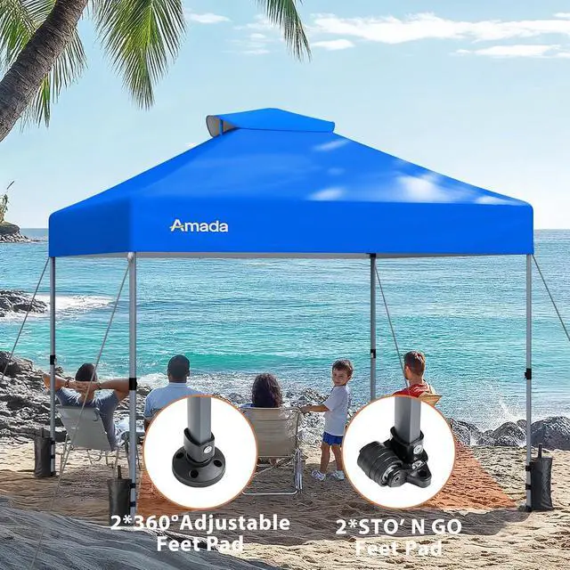 Alt view image 2 of 7 - Amada 10x10 Pop Up Canopy Tent, 1-Button Push Easy-up Outdoor Canopy Beach Tent with 3-Height Adjustable Waterproof Shade Shelter, Wheeled STO-N-Go Bag 8 Stakes, 4 SandBags (Blue)