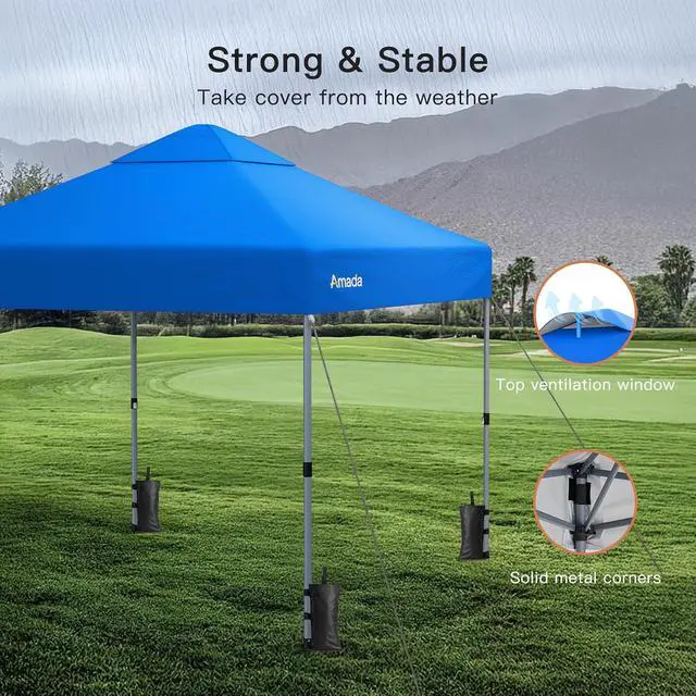 Alt view image 5 of 7 - Amada 10x10 Pop Up Canopy Tent, 1-Button Push Easy-up Outdoor Canopy Beach Tent with 3-Height Adjustable Waterproof Shade Shelter, Wheeled STO-N-Go Bag 8 Stakes, 4 SandBags (Blue)