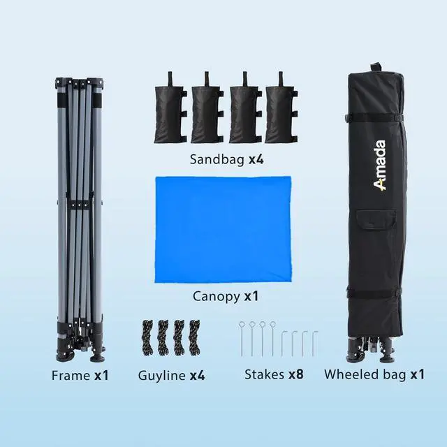 Alt view image 7 of 7 - Amada 10x10 Pop Up Canopy Tent, 1-Button Push Easy-up Outdoor Canopy Beach Tent with 3-Height Adjustable Waterproof Shade Shelter, Wheeled STO-N-Go Bag 8 Stakes, 4 SandBags (Blue)