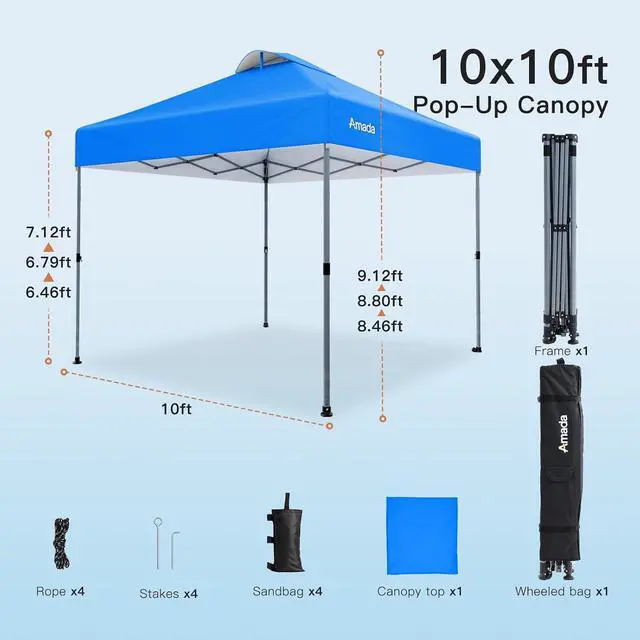 Alt view image 6 of 7 - Amada 10x10 Pop Up Canopy Tent, 1-Button Push Easy-up Outdoor Canopy Beach Tent with 3-Height Adjustable Waterproof Shade Shelter, Wheeled STO-N-Go Bag 8 Stakes, 4 SandBags (Blue)