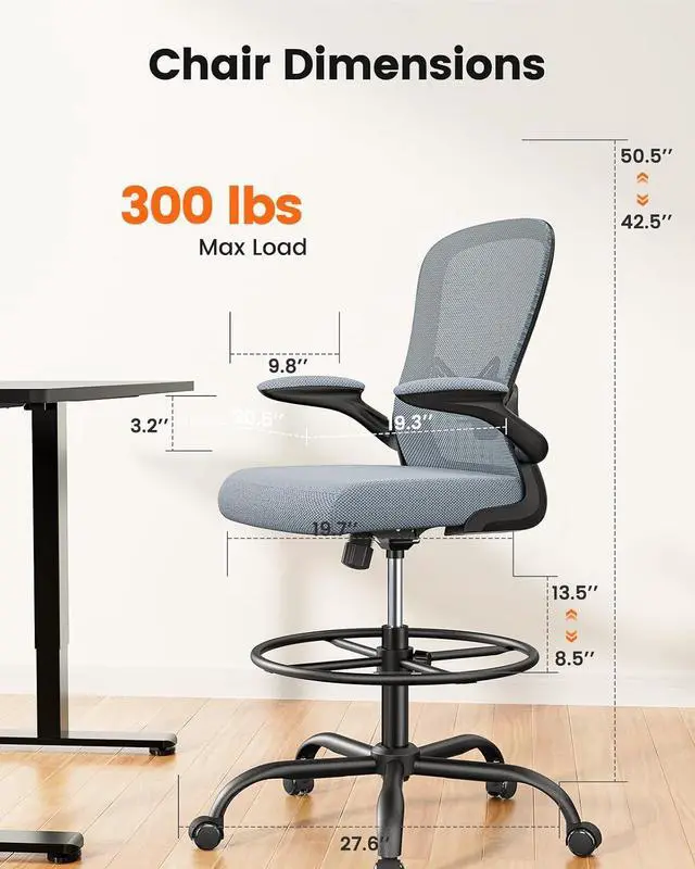 Alt view image 2 of 7 - ErGear Drafting Chair,Tall Office Chair with Flip-Up Armrests, High Desk Chair Adjustable Height and Adjustable Footrest Ring, Ergonomic Standing Desk Chair with Lumbar Support, Blue,6 Pack
