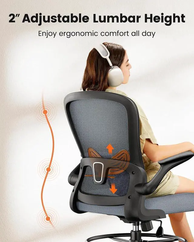 Alt view image 3 of 7 - ErGear Drafting Chair,Tall Office Chair with Flip-Up Armrests, High Desk Chair Adjustable Height and Adjustable Footrest Ring, Ergonomic Standing Desk Chair with Lumbar Support, Blue,6 Pack