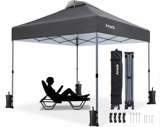 Main image of Amada 10x10 Pop Up Canopy Tent, 1-Button Push Easy-up Outdoor Canopy Beach Tent with 3-Height Adjustable Waterproof Shade Shelter, Wheeled STO-N-Go Bag 8 Stakes, 4 SandBags (10×10ft, Dark Gray)