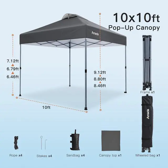 Alt view image 3 of 7 - Amada 10x10 Pop Up Canopy Tent, 1-Button Push Easy-up Outdoor Canopy Beach Tent with 3-Height Adjustable Waterproof Shade Shelter, Wheeled STO-N-Go Bag 8 Stakes, 4 SandBags (10×10ft, Dark Gray)