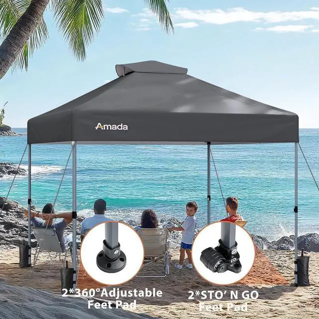 Alt view image 2 of 7 - Amada 10x10 Pop Up Canopy Tent, 1-Button Push Easy-up Outdoor Canopy Beach Tent with 3-Height Adjustable Waterproof Shade Shelter, Wheeled STO-N-Go Bag 8 Stakes, 4 SandBags (10×10ft, Dark Gray)