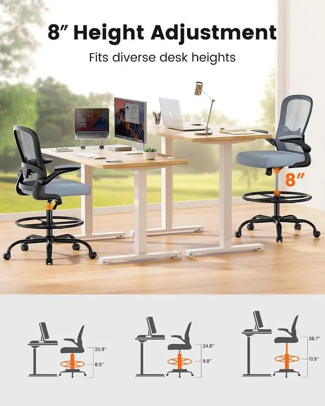 Alt view image 7 of 7 - ErGear Drafting Chair,Tall Office Chair with Flip-Up Armrests, High Desk Chair Adjustable Height and Adjustable Footrest Ring, Ergonomic Standing Desk Chair with Lumbar Support, Blue,6 Pack