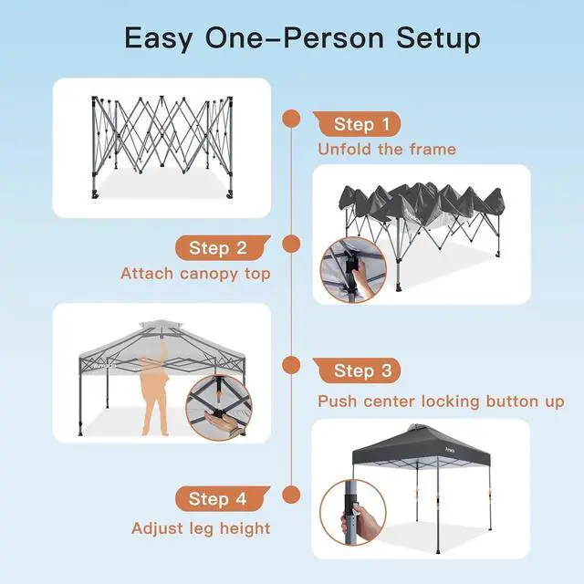 Alt view image 5 of 7 - Amada 10x10 Pop Up Canopy Tent, 1-Button Push Easy-up Outdoor Canopy Beach Tent with 3-Height Adjustable Waterproof Shade Shelter, Wheeled STO-N-Go Bag 8 Stakes, 4 SandBags (10×10ft, Dark Gray)