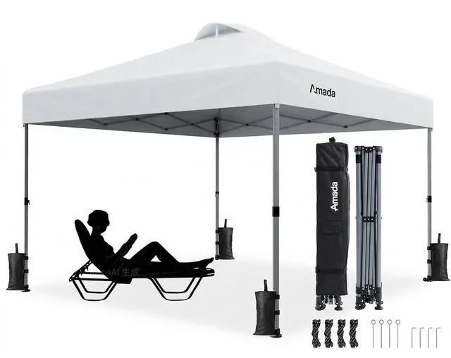 Main image of Amada 10x10 Pop Up Canopy Tent, 1-Button Push Easy-up Outdoor Canopy Beach Tent with 3-Height Adjustable Sun Shade Shelter, Wheeled STO-N-Go Bag 8 Stakes, 4 SandBags (10x10ft, White)