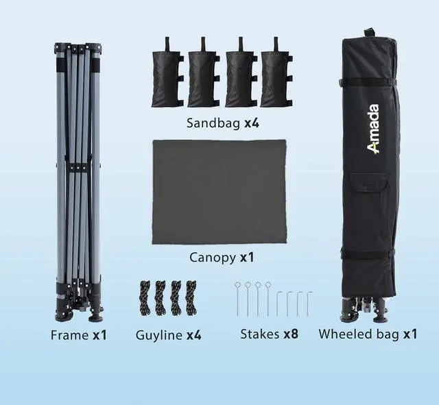 Alt view image 7 of 7 - Amada 10x10 Pop Up Canopy Tent, 1-Button Push Easy-up Outdoor Canopy Beach Tent with 3-Height Adjustable Waterproof Shade Shelter, Wheeled STO-N-Go Bag 8 Stakes, 4 SandBags (10×10ft, Dark Gray)