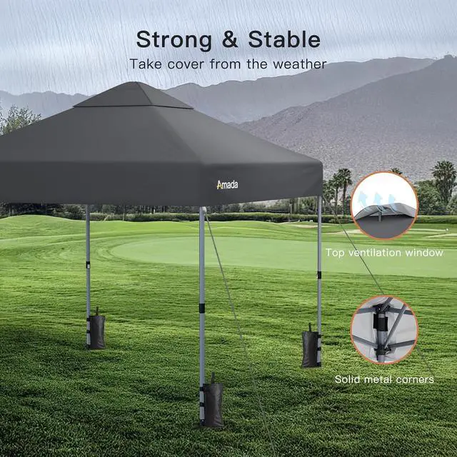 Alt view image 6 of 7 - Amada 10x10 Pop Up Canopy Tent, 1-Button Push Easy-up Outdoor Canopy Beach Tent with 3-Height Adjustable Waterproof Shade Shelter, Wheeled STO-N-Go Bag 8 Stakes, 4 SandBags (10×10ft, Dark Gray)