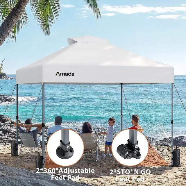 Alt view image 2 of 7 - Amada 10x10 Pop Up Canopy Tent, 1-Button Push Easy-up Outdoor Canopy Beach Tent with 3-Height Adjustable Sun Shade Shelter, Wheeled STO-N-Go Bag 8 Stakes, 4 SandBags (10x10ft, White)