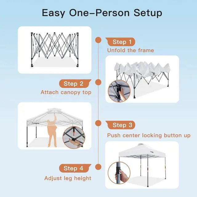 Alt view image 4 of 7 - Amada 10x10 Pop Up Canopy Tent, 1-Button Push Easy-up Outdoor Canopy Beach Tent with 3-Height Adjustable Sun Shade Shelter, Wheeled STO-N-Go Bag 8 Stakes, 4 SandBags (10x10ft, White)