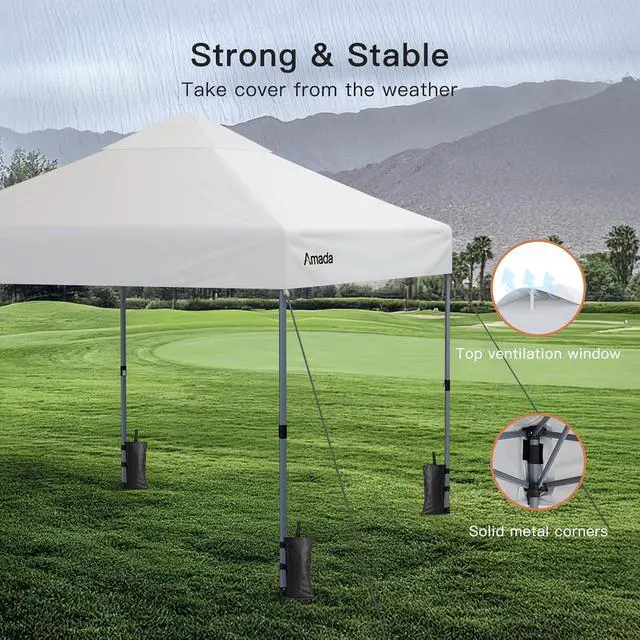 Alt view image 6 of 7 - Amada 10x10 Pop Up Canopy Tent, 1-Button Push Easy-up Outdoor Canopy Beach Tent with 3-Height Adjustable Sun Shade Shelter, Wheeled STO-N-Go Bag 8 Stakes, 4 SandBags (10x10ft, White)