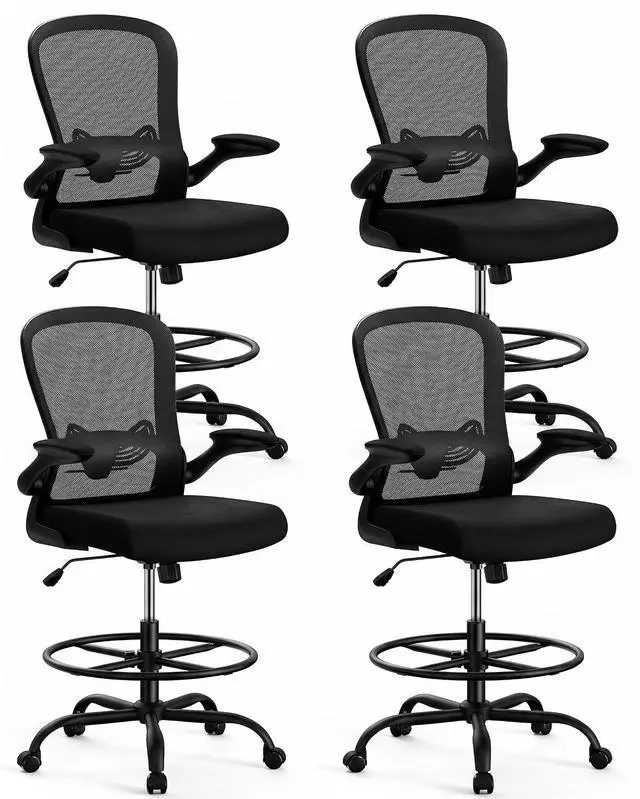 Main image of ErGear Drafting Chair, Standing Desk Chair with Flip-Up Armrests, High Desk Chair Adjustable Height, Ergonomic Tall Office Chair with Lumbar Support and Adjustable Footrest Ring,4 Pack