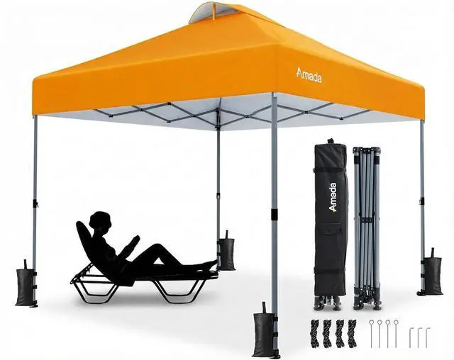 Main image of Amada 10x10 Pop Up Canopy Tent, 1-Button Push Easy-up Outdoor Canopy Beach Tent with 3-Height Adjustable Waterproof Shade Shelter, Wheeled STO-N-Go Bag 8 Stakes, 4 SandBags (Orange)