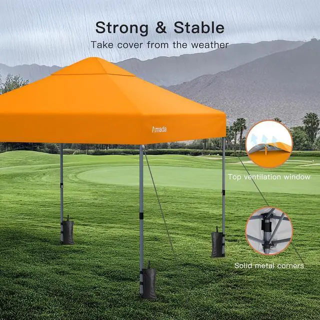 Alt view image 4 of 7 - Amada 10x10 Pop Up Canopy Tent, 1-Button Push Easy-up Outdoor Canopy Beach Tent with 3-Height Adjustable Waterproof Shade Shelter, Wheeled STO-N-Go Bag 8 Stakes, 4 SandBags (Orange)