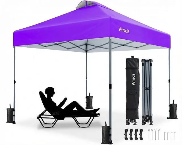 Main image of Amada 10x10 Pop Up Canopy Tent, 1-Button Push Easy-up Outdoor Canopy Beach Tent with 3-Height Adjustable Waterproof Shade Shelter, Wheeled STO-N-Go Bag 8 Stakes, 4 SandBags (Purple)