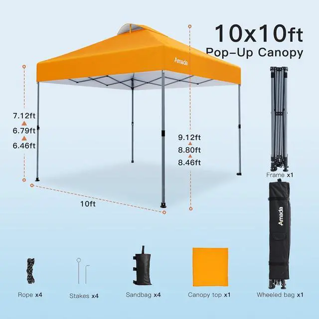 Alt view image 5 of 7 - Amada 10x10 Pop Up Canopy Tent, 1-Button Push Easy-up Outdoor Canopy Beach Tent with 3-Height Adjustable Waterproof Shade Shelter, Wheeled STO-N-Go Bag 8 Stakes, 4 SandBags (Orange)