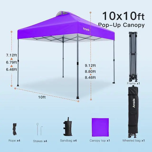 Alt view image 5 of 7 - Amada 10x10 Pop Up Canopy Tent, 1-Button Push Easy-up Outdoor Canopy Beach Tent with 3-Height Adjustable Waterproof Shade Shelter, Wheeled STO-N-Go Bag 8 Stakes, 4 SandBags (Purple)