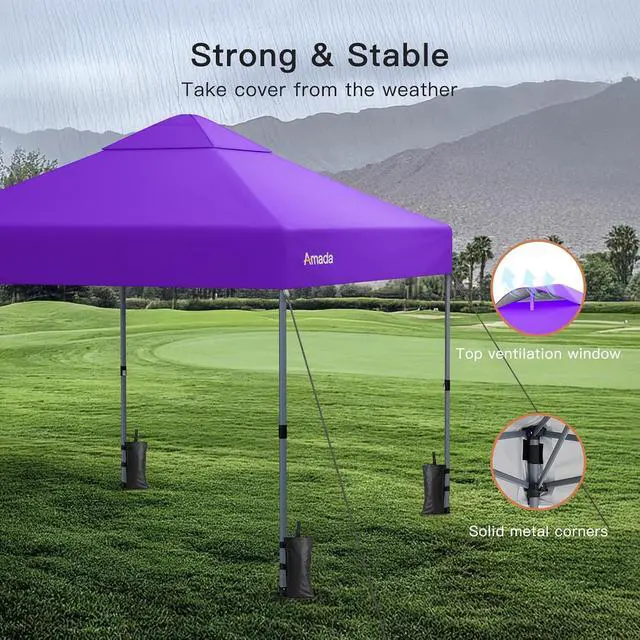 Alt view image 4 of 7 - Amada 10x10 Pop Up Canopy Tent, 1-Button Push Easy-up Outdoor Canopy Beach Tent with 3-Height Adjustable Waterproof Shade Shelter, Wheeled STO-N-Go Bag 8 Stakes, 4 SandBags (Purple)