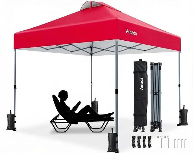 Main image of Amada 10x10 Pop Up Canopy Tent, 1-Button Push Easy-up Outdoor Canopy Beach Tent with 3-Height Adjustable Waterproof Shade Shelter, Wheeled STO-N-Go Bag 8 Stakes, 4 SandBags (Red)