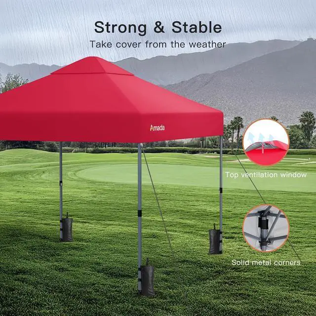 Alt view image 4 of 7 - Amada 10x10 Pop Up Canopy Tent, 1-Button Push Easy-up Outdoor Canopy Beach Tent with 3-Height Adjustable Waterproof Shade Shelter, Wheeled STO-N-Go Bag 8 Stakes, 4 SandBags (Red)