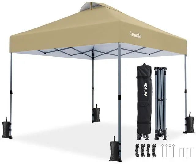 Main image of Amada 10x10 Pop Up Canopy - Center Lock One Push Instant Setup Wheeled Gazebo Outdoor Canopy Beach Tent with STO-N-Go Bag 8 Stakes & 4 Sand Bags, 3-Height Adjustable Shade Shelter (10x10ft, Khaki)
