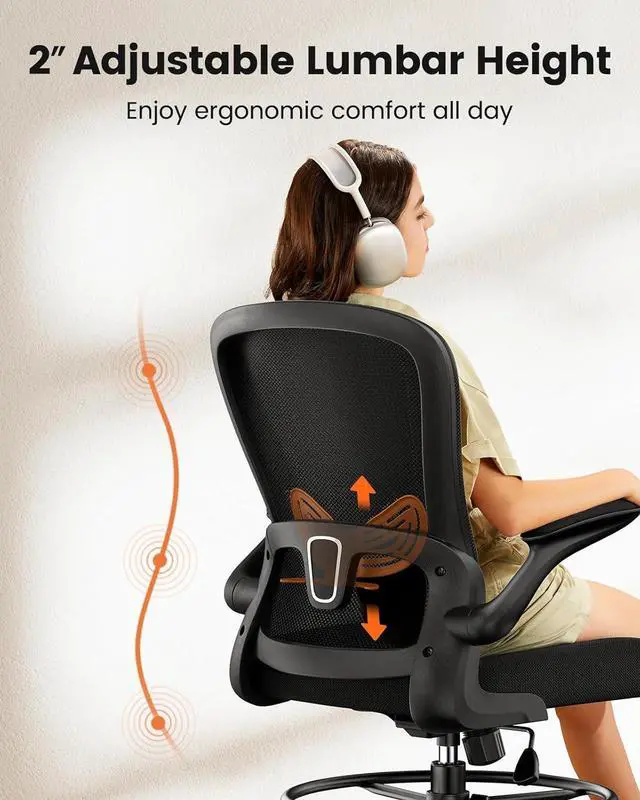 Alt view image 3 of 7 - ErGear Drafting Chair, Standing Desk Chair with Flip-Up Armrests, High Desk Chair Adjustable Height, Ergonomic Tall Office Chair with Lumbar Support and Adjustable Footrest Ring
