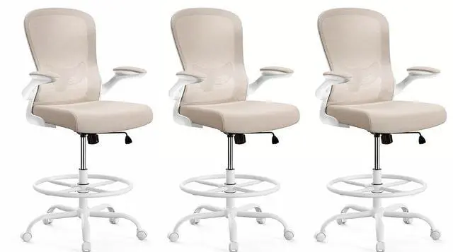 Main image of ErGear Drafting Chair,Tall Office Chair with Flip-Up Armrests, High Desk Chair Adjustable Height and Adjustable Footrest Ring, Ergonomic Standing Desk Chair with Lumbar Support, Khaki,3 Pack