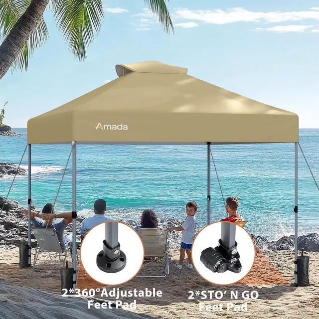 Alt view image 2 of 7 - Amada 10x10 Pop Up Canopy Tent, 1-Button Push Easy-up Outdoor Canopy Beach Tent with 3-Height Adjustable Waterproof Shade Shelter, Wheeled STO-N-Go Bag 8 Stakes, 4 SandBags (10x10ft Khaki)